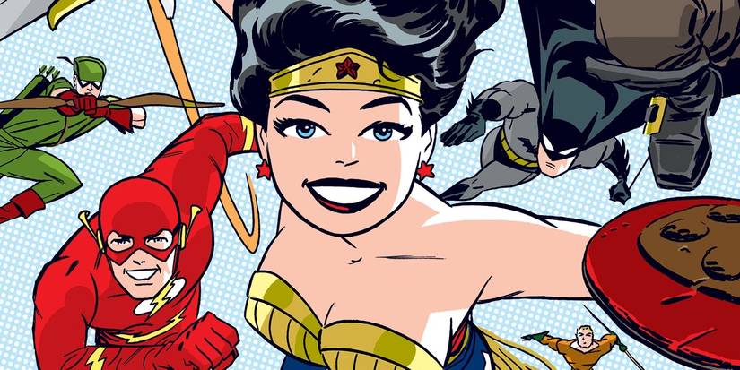 Comic book art: New Frontier cover with Wonder Woman, Flash, Batman, and Green Arrow in front of blue dotted background