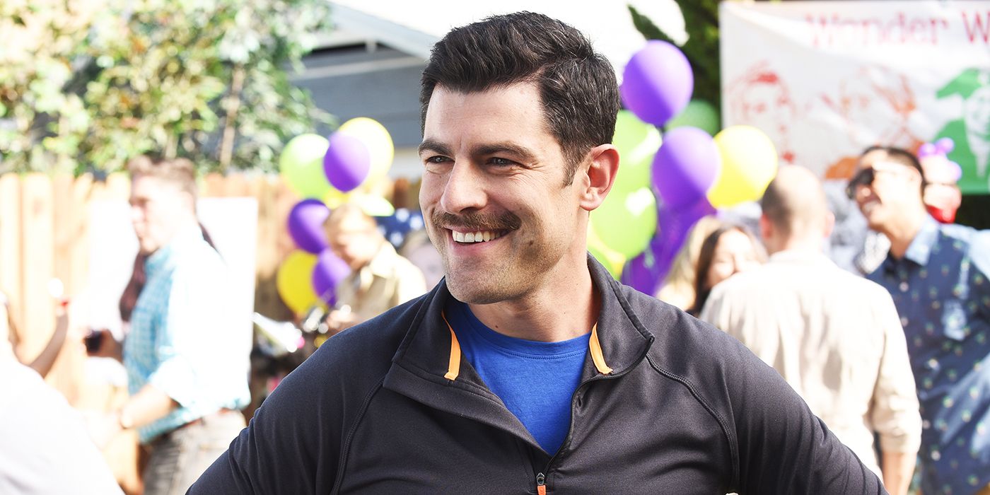 New Girl season 7 Schmidt with a moustache at a kids' party