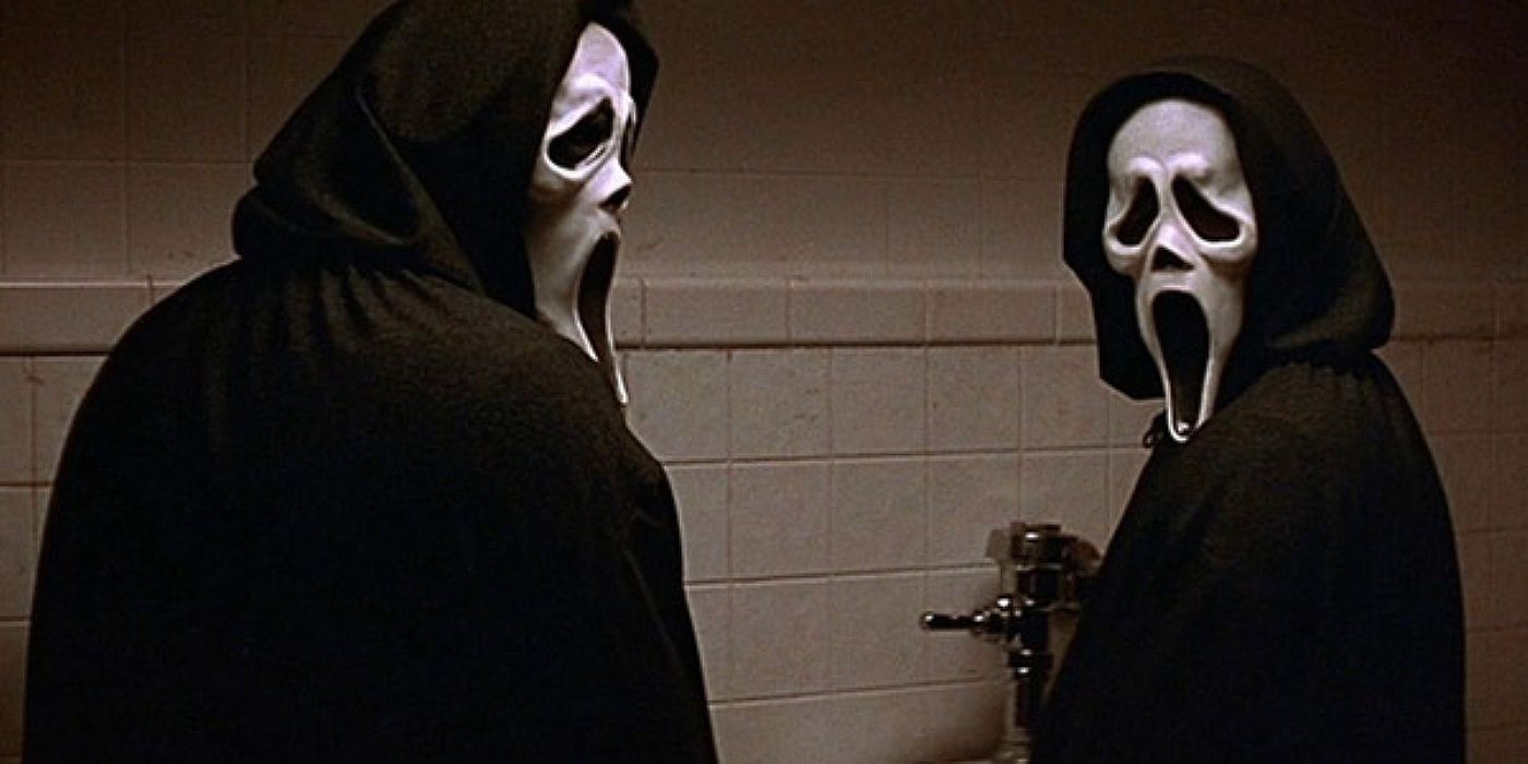 Two Ghostfaces using the washroom in Scream 2