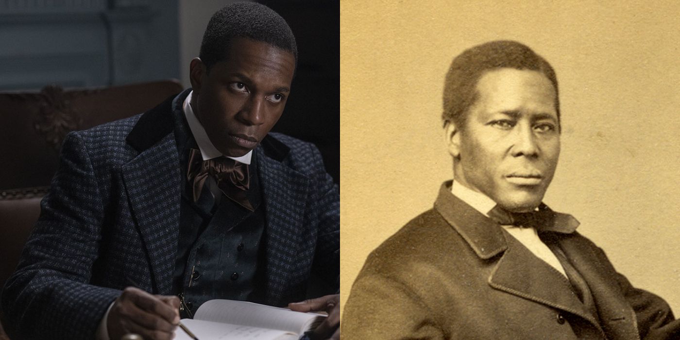 Leslie Odom Jr. as William Still in Harriet side by side next to a portrait of the real William Still