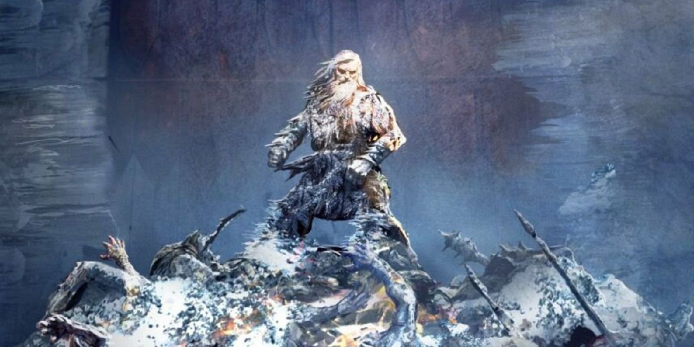 A man stands on a pile of bodies and weapons in The Lord of the Rings The War of the Rohirrim