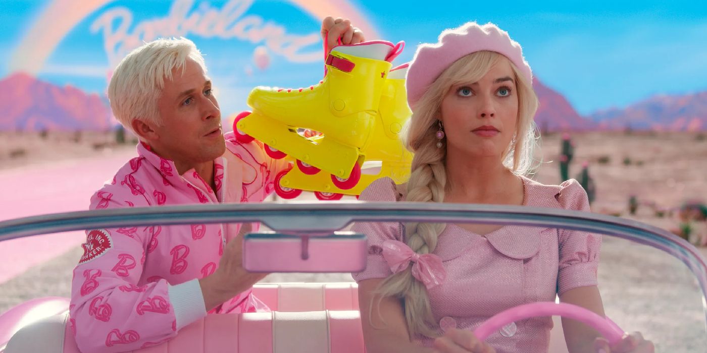 Margot Robbie and Ryan Gosling in Barbie's car with rollerblades