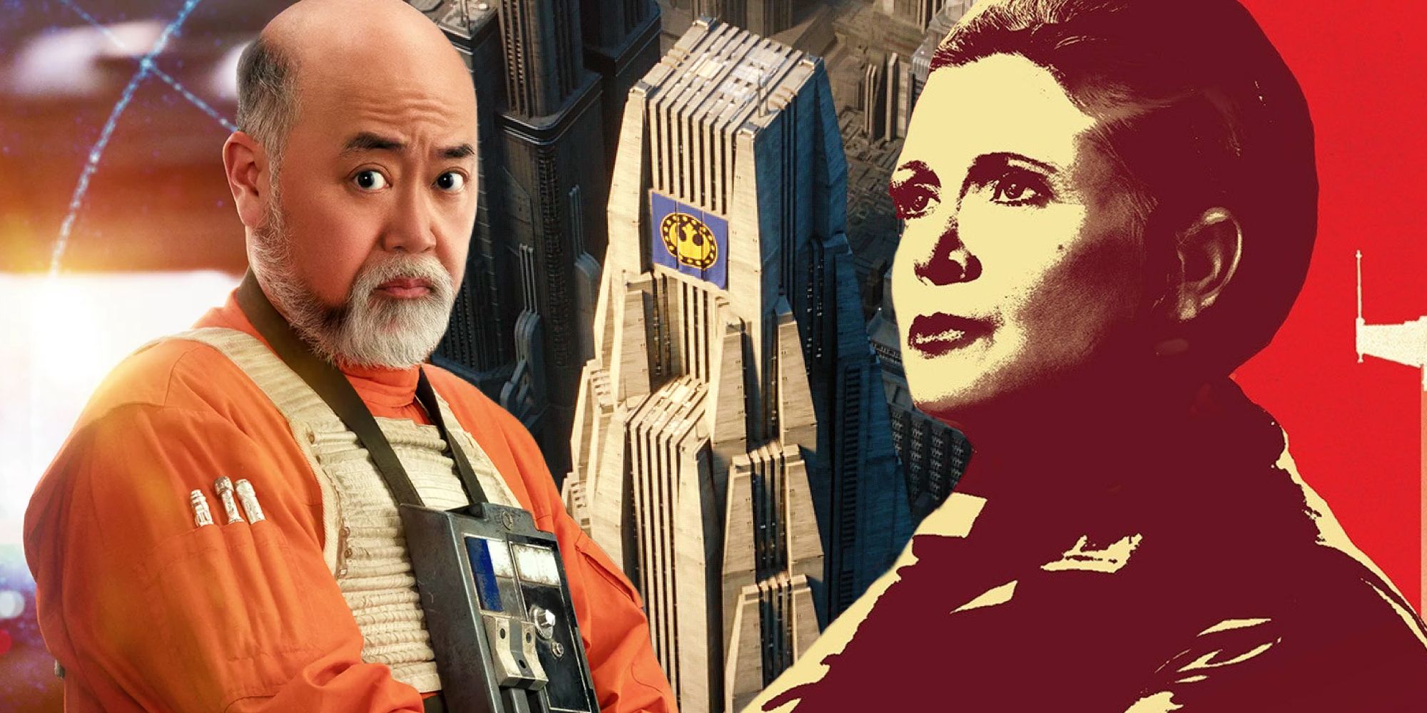 The main New Republic building in Coruscant between Leia from Bloodlines and Carson Teva's Ahsoka poster