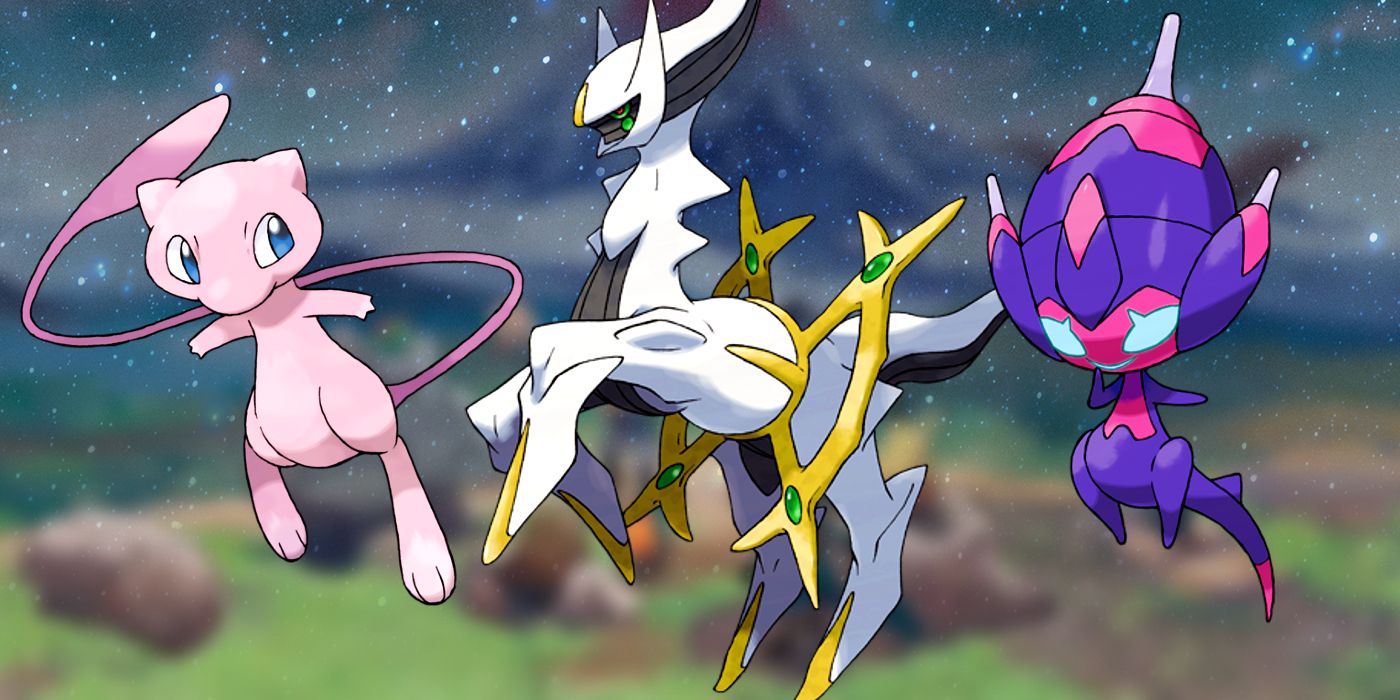 Mew, Arceus, and Poipole all lined up next to each other, superimposed over a starry sky effect over a blurred image of Hisui.