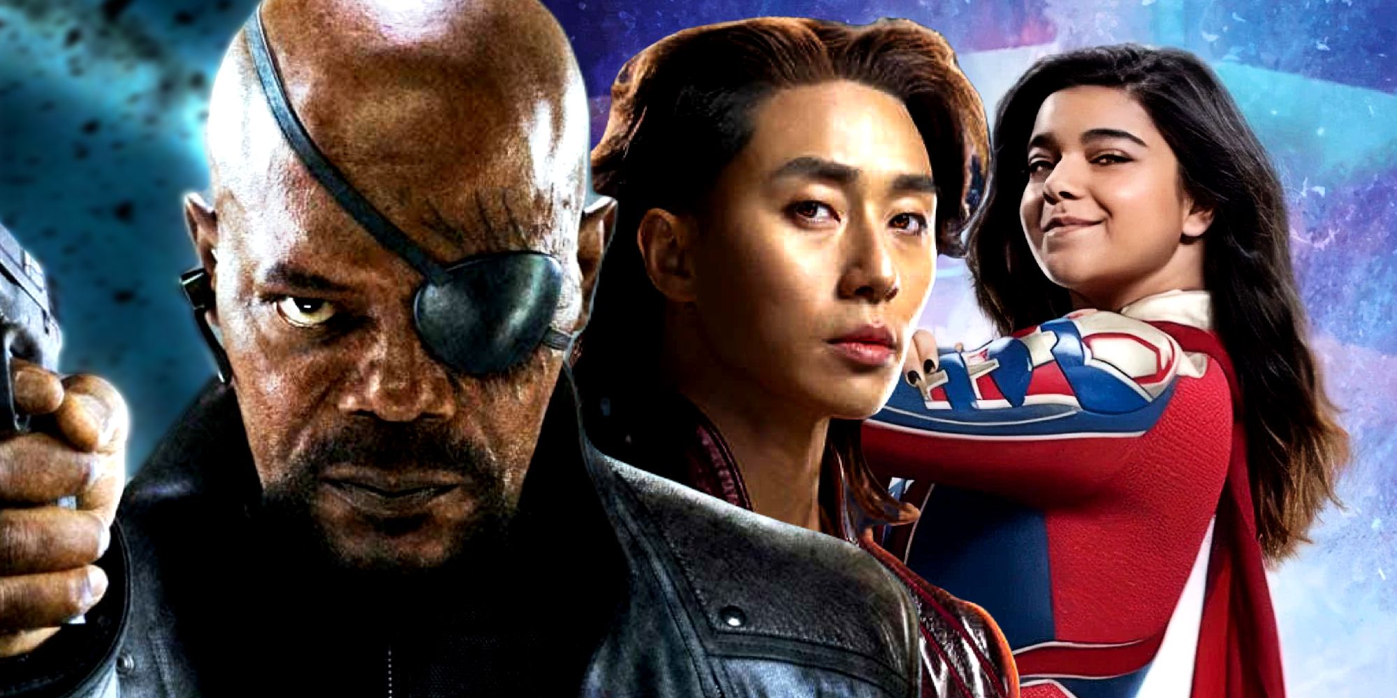 Nick Fury, Kamala Khan, and Prince Yan in The Marvels 2023