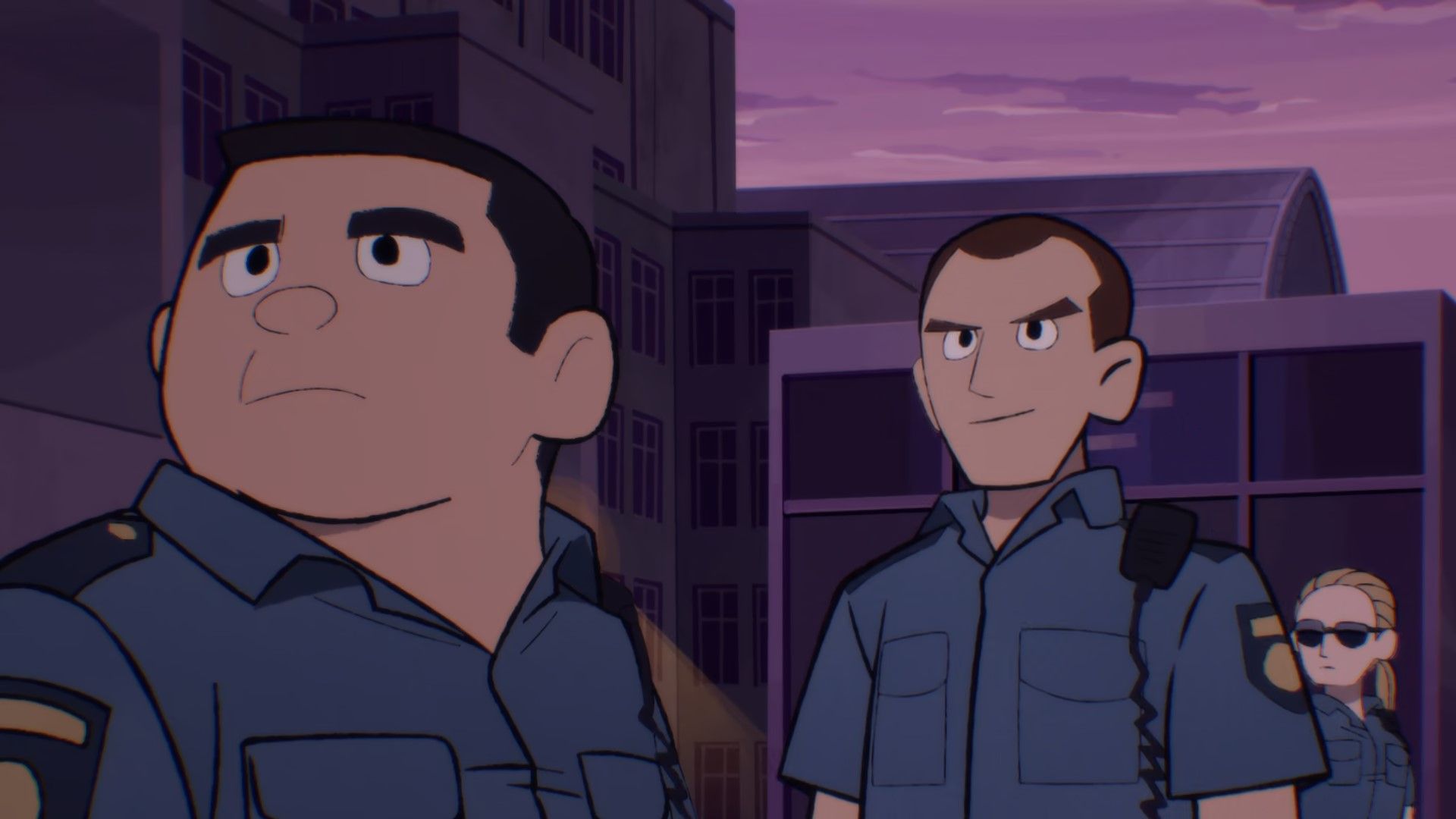 Screenshot from Scott Pilgrim Takes Off anime shows Security Guards #1 and #2 who are voiced by Simon Pegg and Nick Frost.