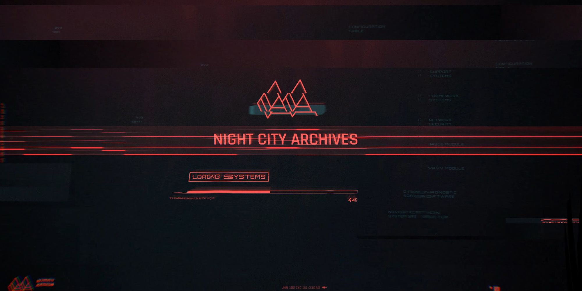 Screen showing the words Night City Archives above a loading bar with a glitch effect.
