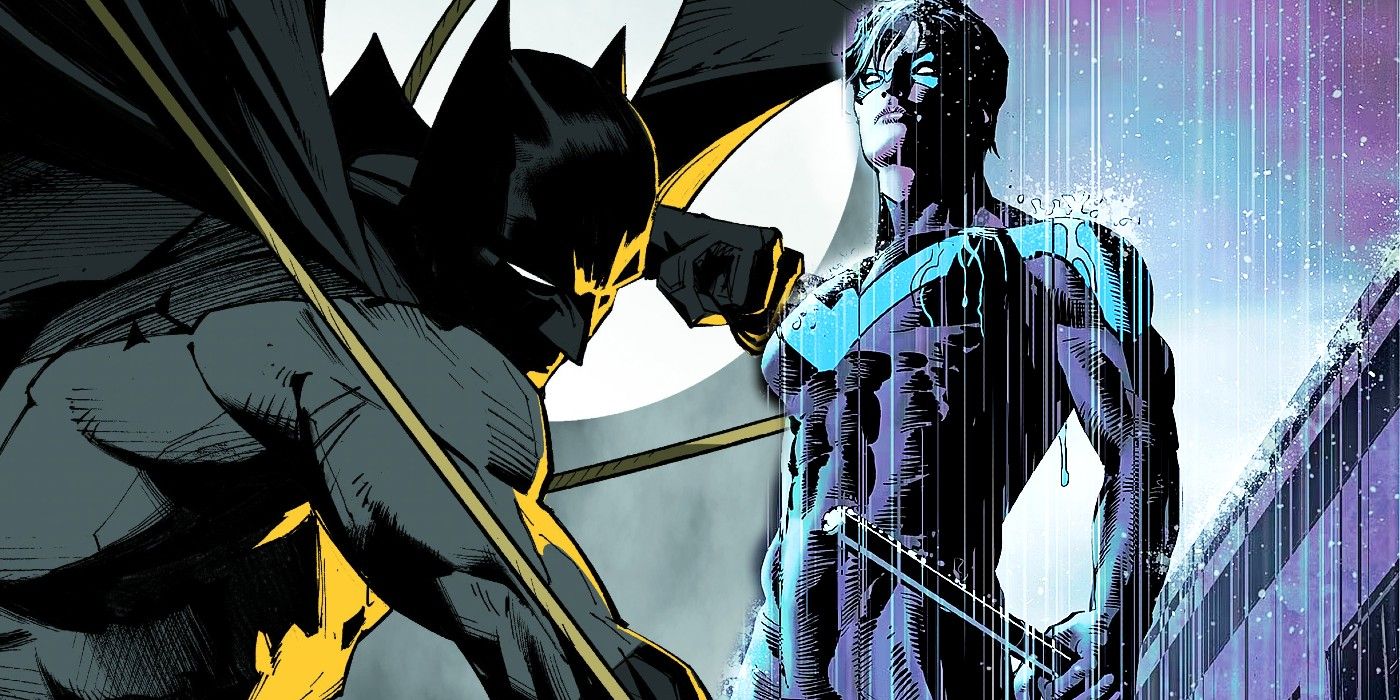 Una imagen compuesta: Nightwing se mantiene erguido bajo la lluvia y Batman usa una línea de agarre frente a la luna.