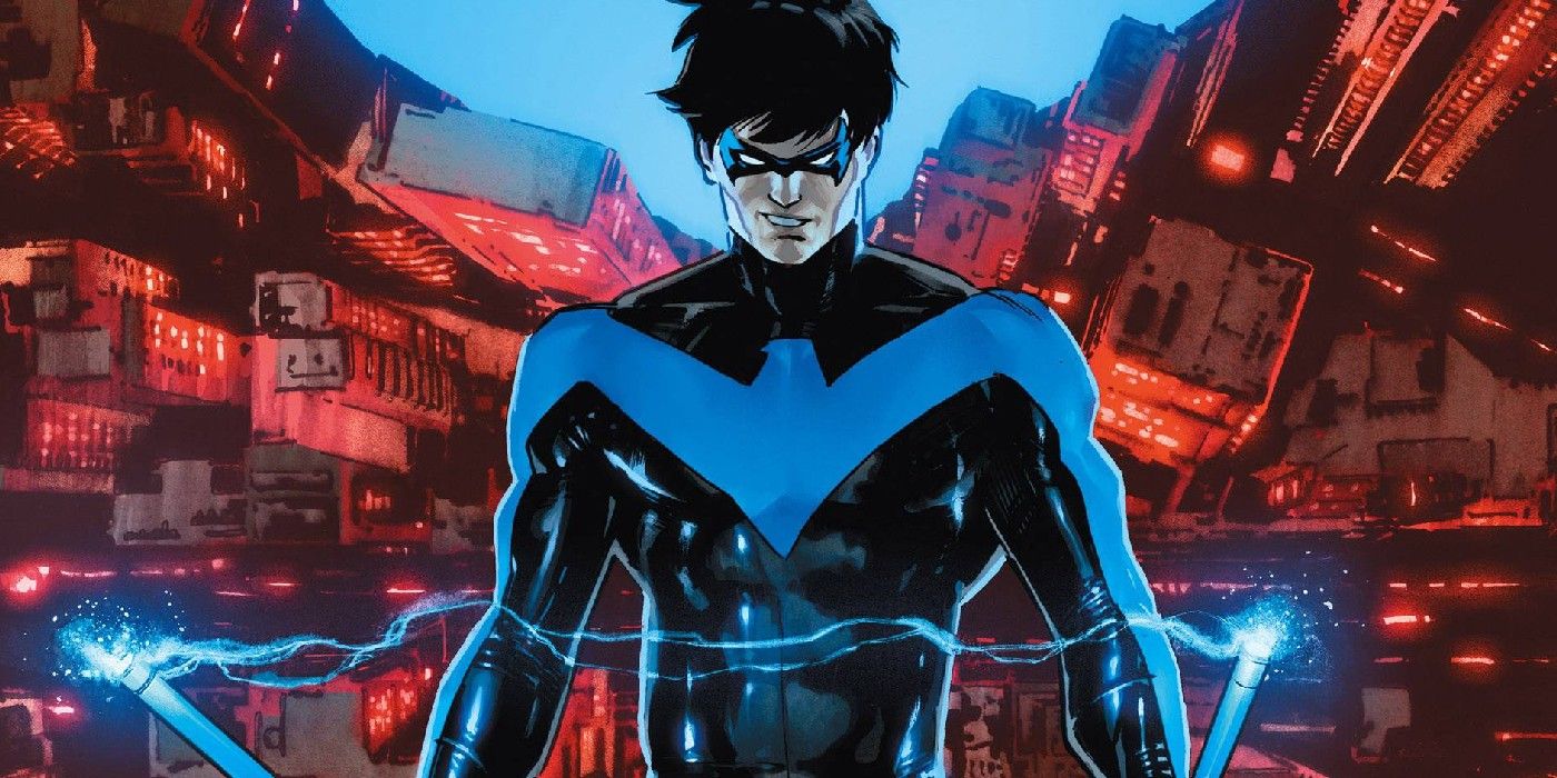 Comic book art: Nightwing poses with escrima sticks above a shor of Bludhaven.