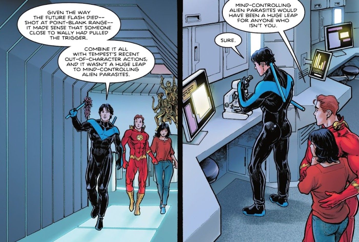 Costumed superheroes walk down a futuristic hallway discussing an alien mystery.
