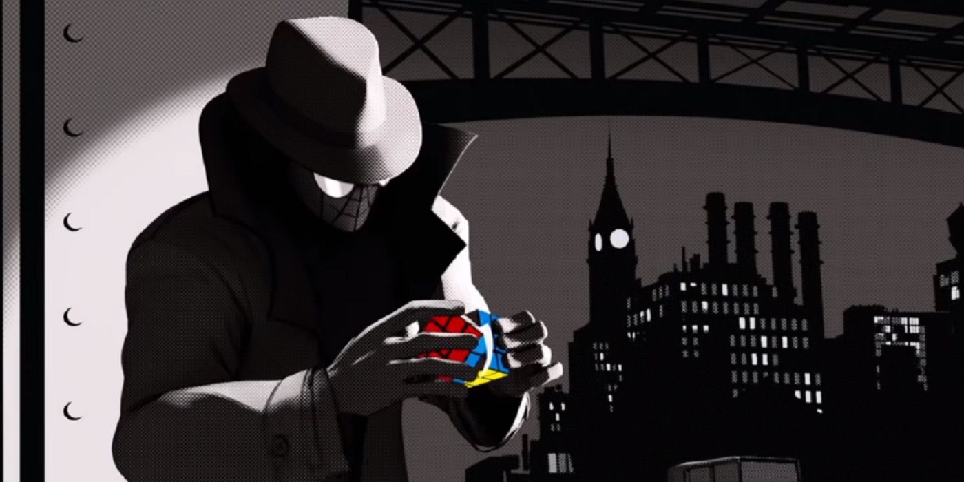 Homem-Aranha Noir brincando com um cubo de Rubik.