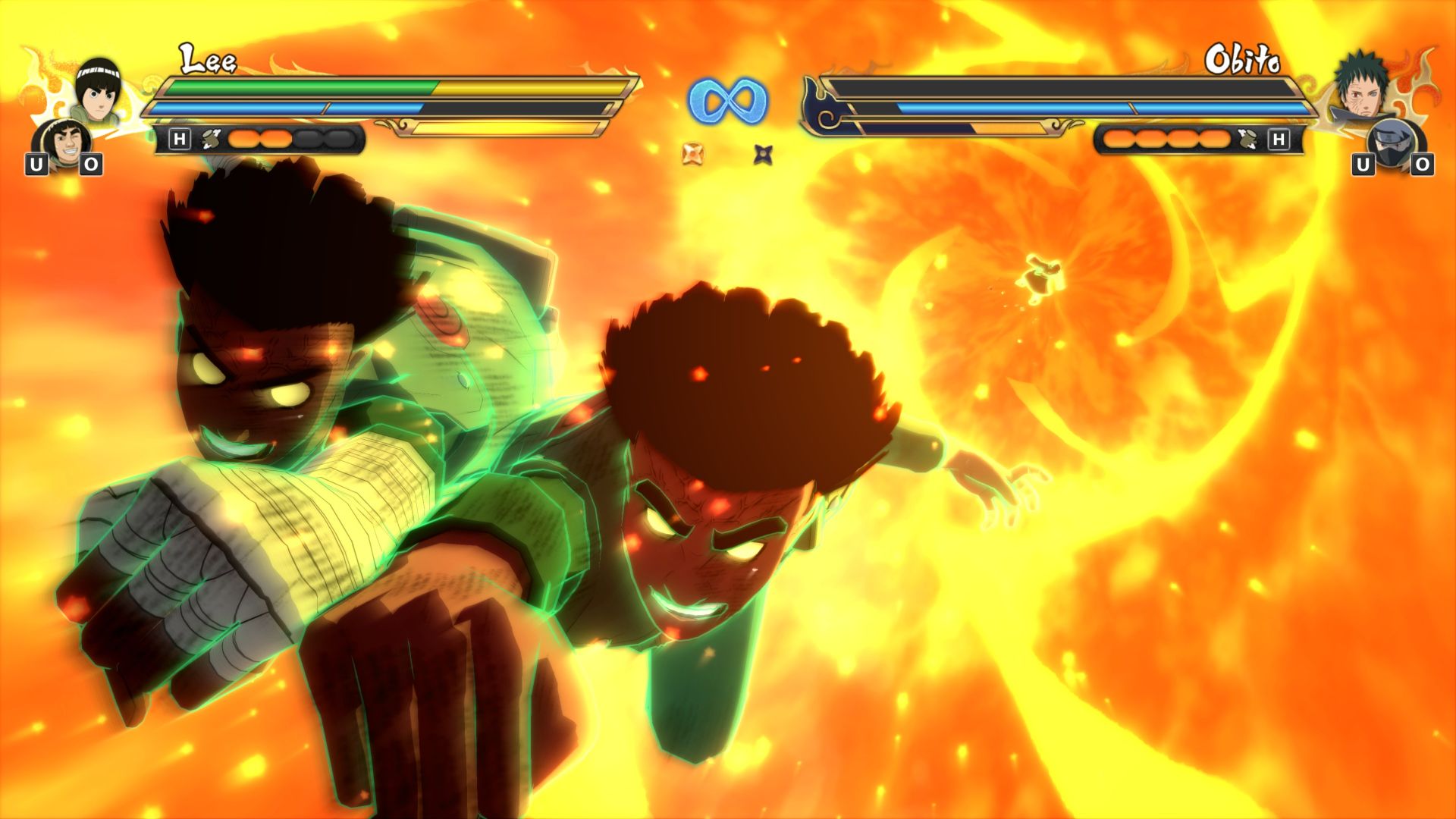 Screenshot shows from Naruto Storm Connections shows Rock Lee and Guy Sensei punching through an enemy with intense flames erupting behind them.