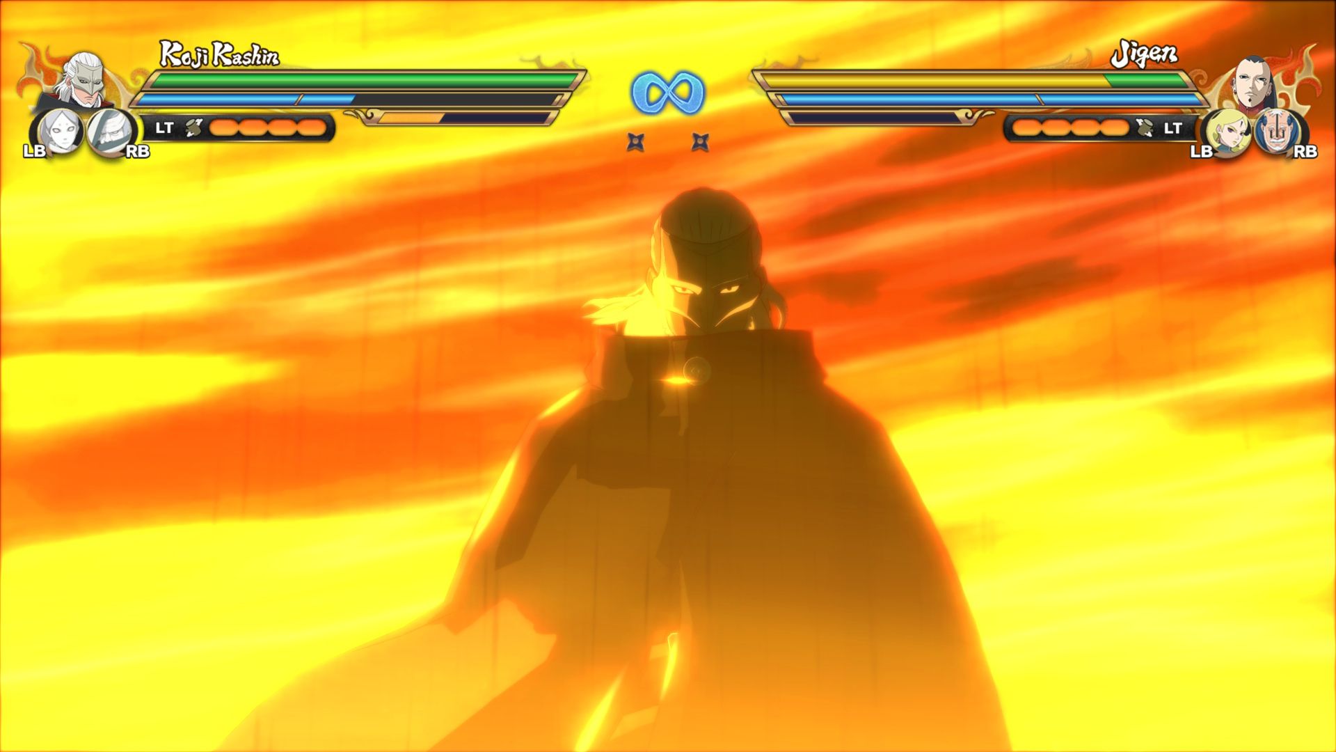 Screenshot from Naruto Storm Connections shows Kashin using his ultimate attack as he walks through a wall of flames.