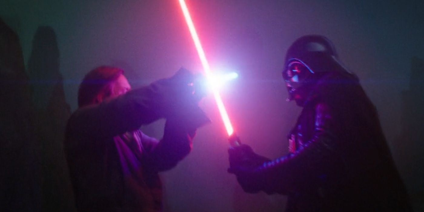 Obi-Wan Kenobi versus Darth Vader in the Obi-Wan Kenobi show with their lightsabers clashing