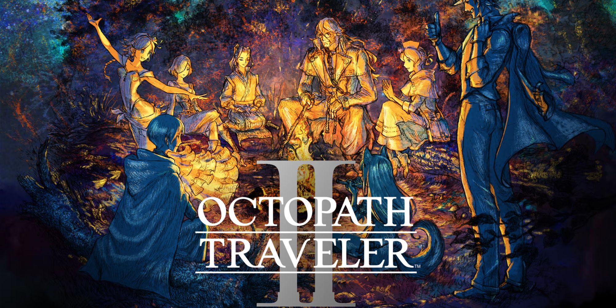 Key art for Octopath Traveler 2, showing the game's cast siting around a campfire.