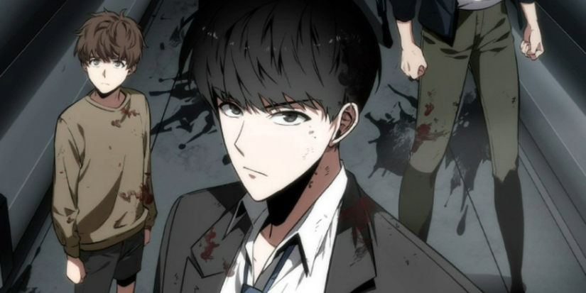 Man looking ahead with child behind him from Omniscient Reader manhwa.