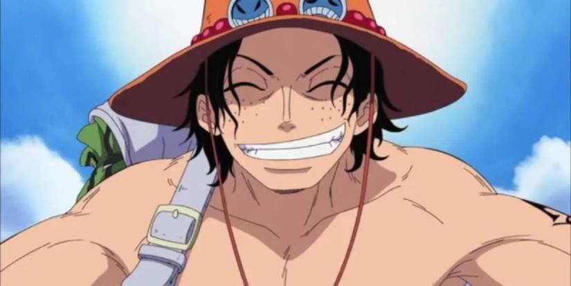Ace shirtless and smiling with a hat on in One Piece.