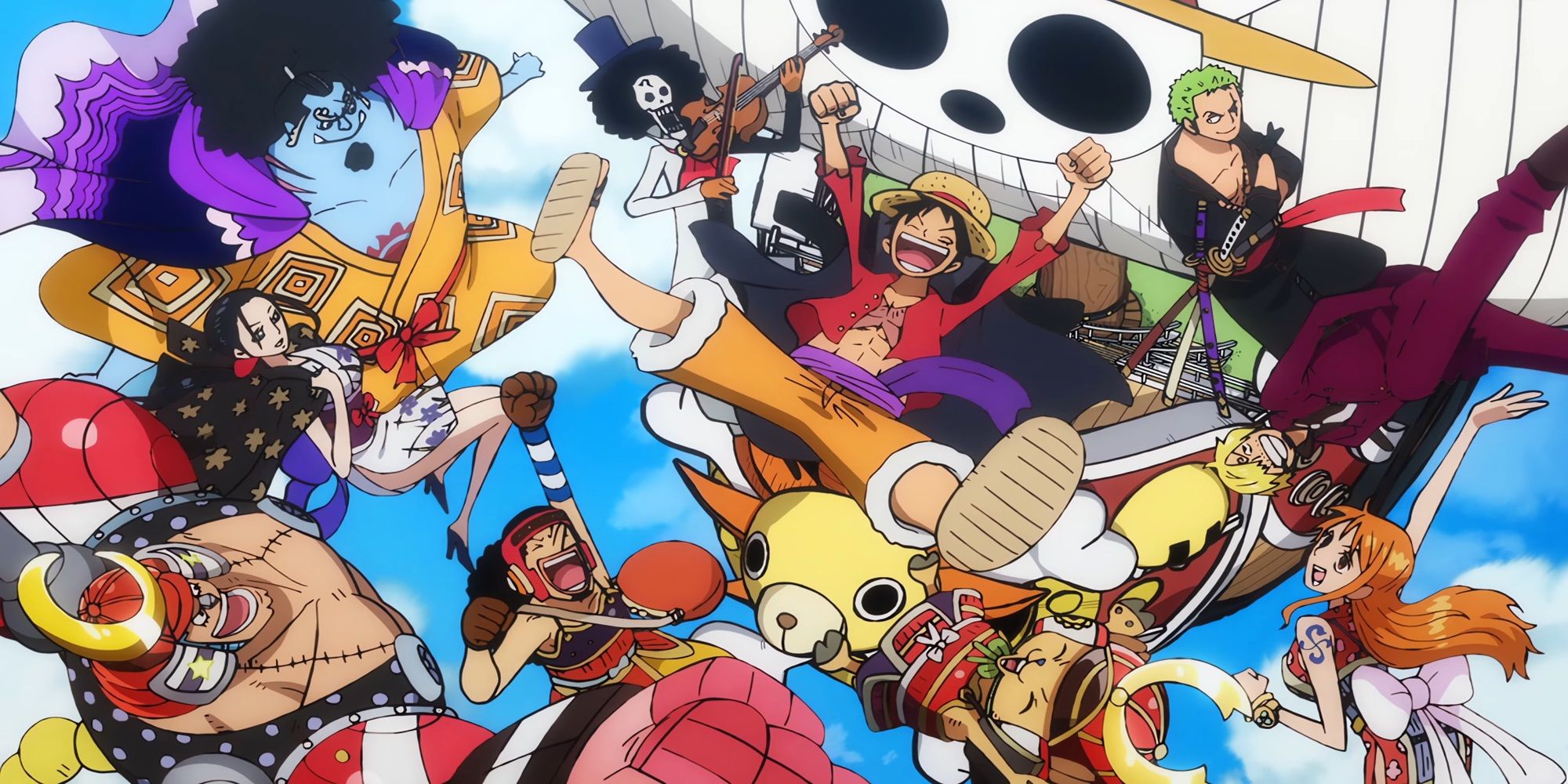 One Piece's Straw Hat pirates jumping in the air and giving a big cheer together with their ship behind them.