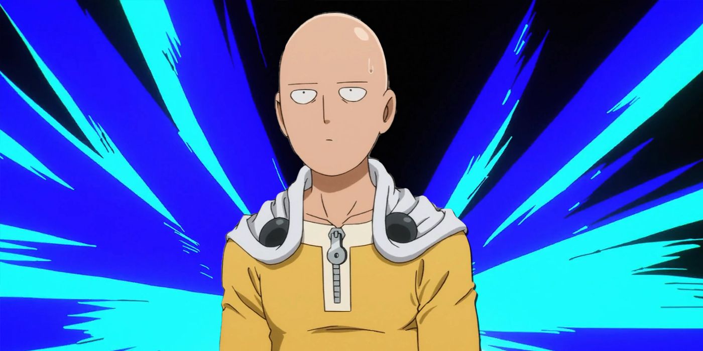 One-Punch Man: Saitama in front of a blue explosion.