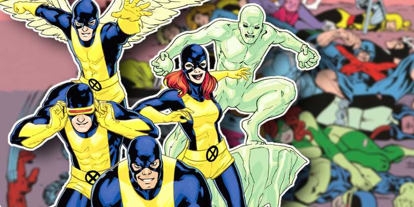 Original 5 X-Men in front of Fall of the Mutants cover