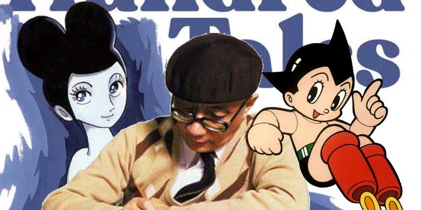 Composite image featuring Osamu Tezuka in front of the cover of One Hundred Tales, with Astro Boy photoshopped in, leaning on his shoulder.