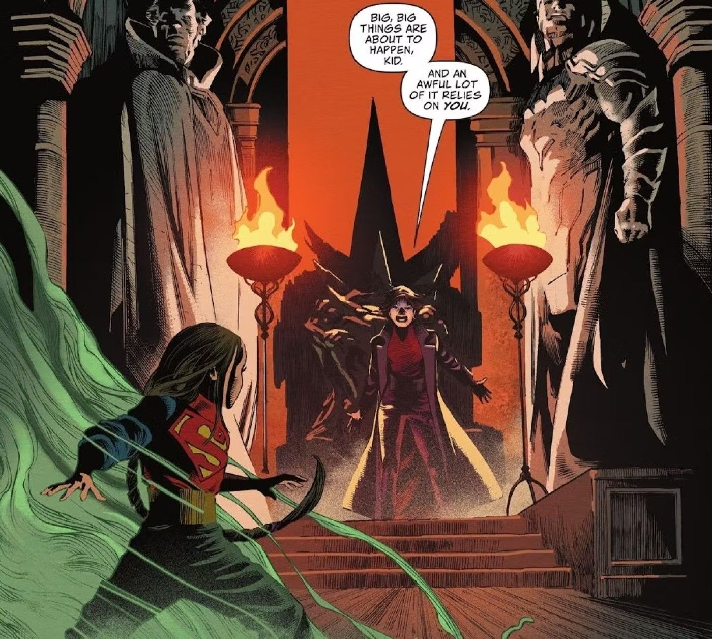 Comic book panel: Norah Stone/Janan Al-Ghul whisks Otho away to her throne room, telling her she is to be a part of &ldquo;Big, big things.&quot;