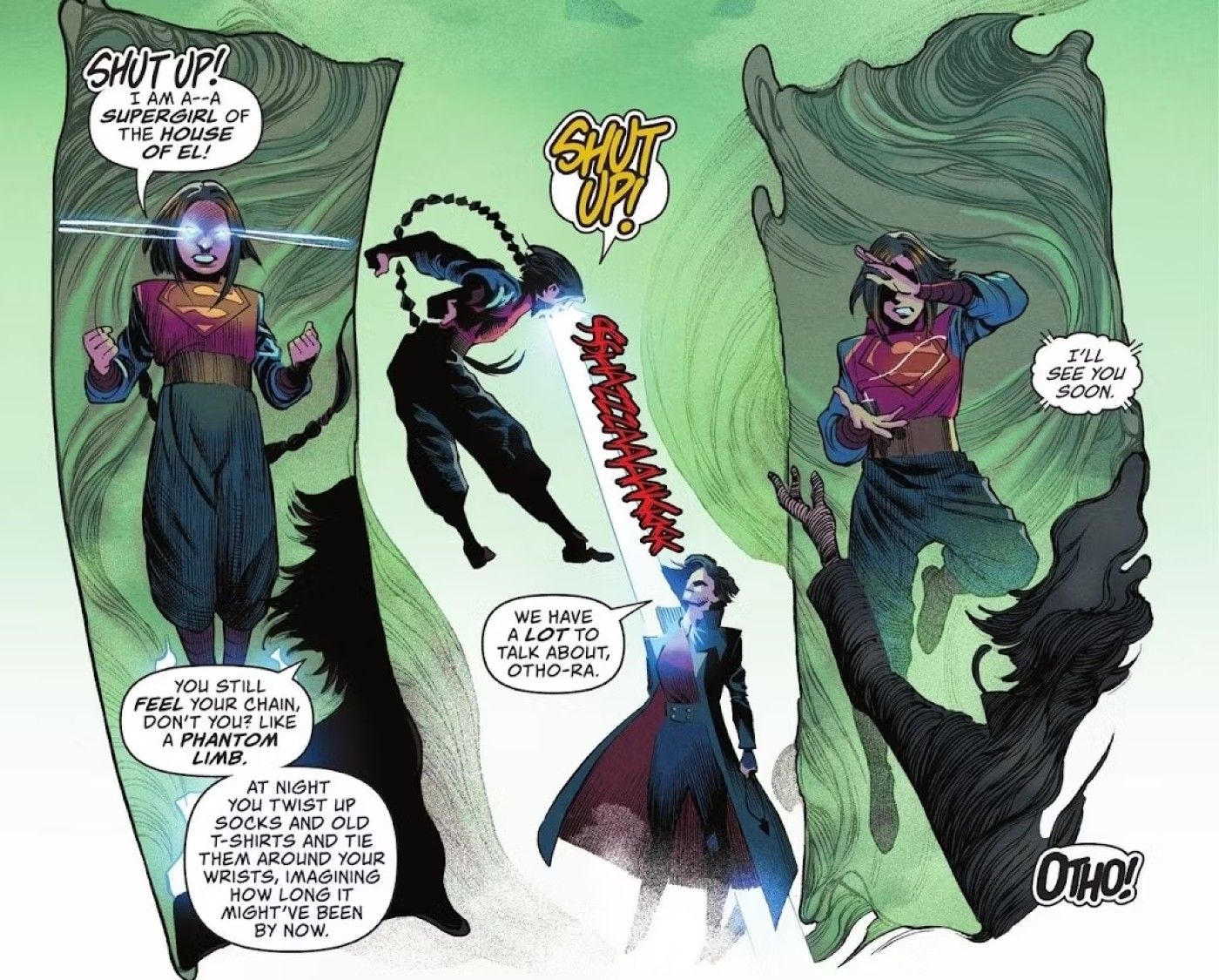 Comic book panels: the cloaked woman &lsquo;Norah Stone&rsquo; tells Otho-Ra that she&rsquo;s not like the other Super-figures - that she&rsquo;s a killer - and that they&rsquo;ll be in touch, while Otho shouts in protest.