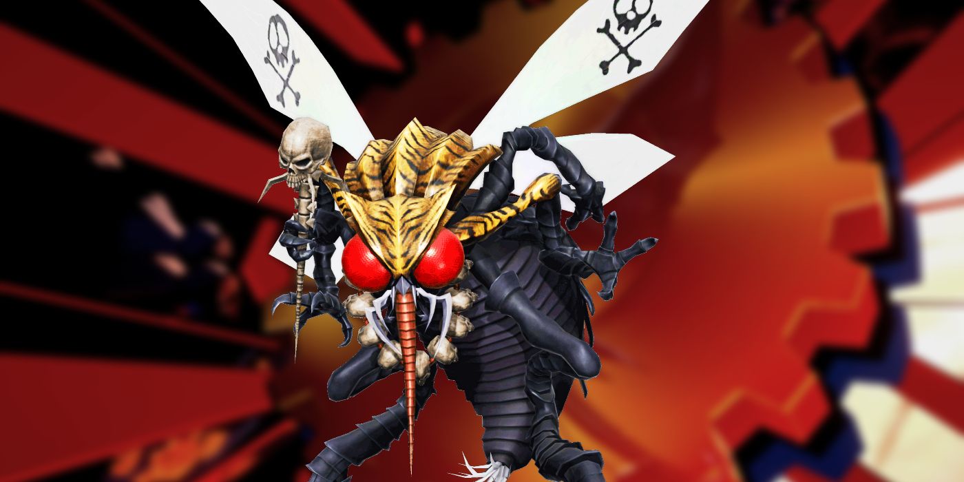 Beelzebub, a fly-like creature with giant, red eyes and skulls on its wings, in front of a red gear background in art from Persona 5 Tactica.