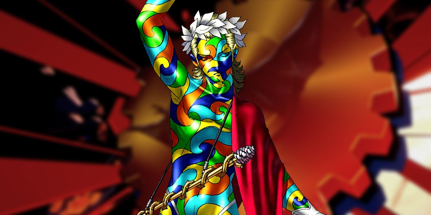 Dionysus, a multicolored humanoid with white, wavy hair, stands in front of a red gear background in screenshots from Persona 5 Tactica.