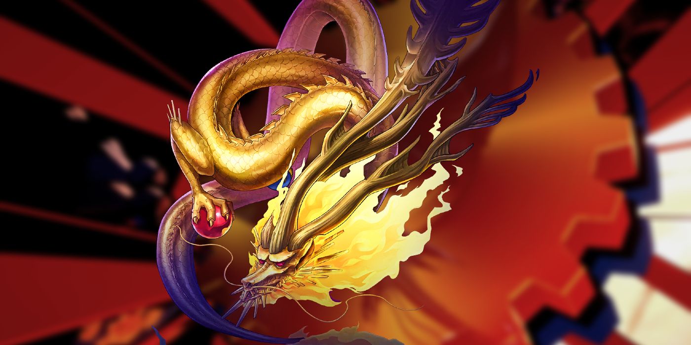Kohnryu, a gold and purple dragon, over a red gear background in art from Persona 5 Tactica.