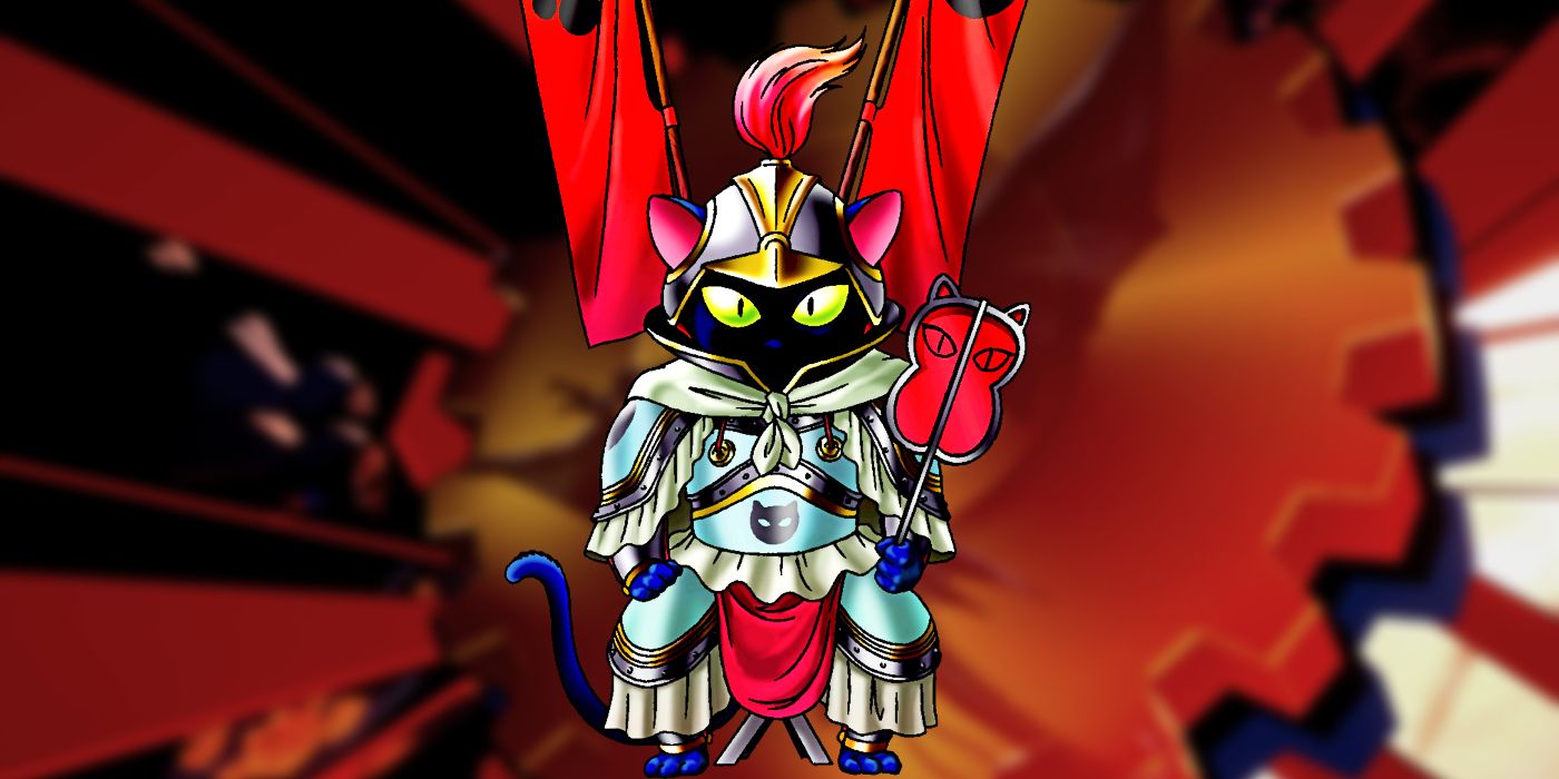 Neko Shogun, a black cat in samurai armor with two red banners, stands in front of a red gar background in screenshots from Persona 5 Tactica.