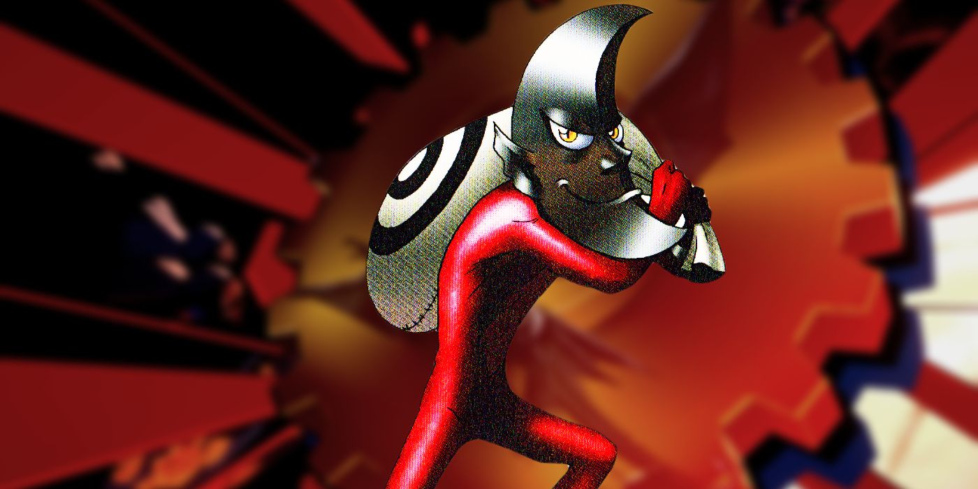 Sandman, a small, thin humanoid creature in a red jumpsuit and with a silver crescent moon for a head, in front of a background depicting a red gear in screenshots from Persona 5 Tactica.