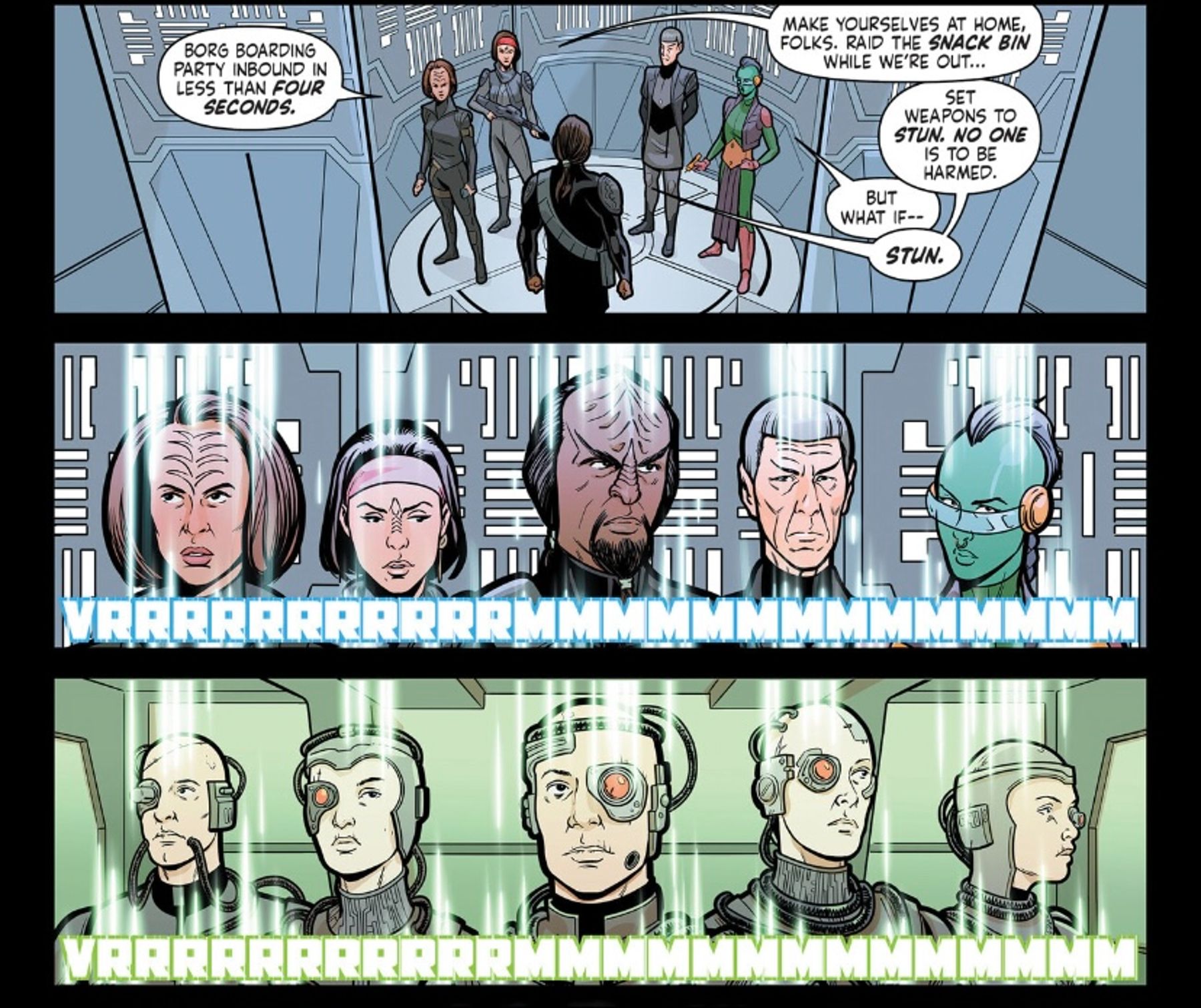 Defiant #9, Worf and his crew beam over to Hugh’s ship; Hugh and his crew beam over to Worf’s ship