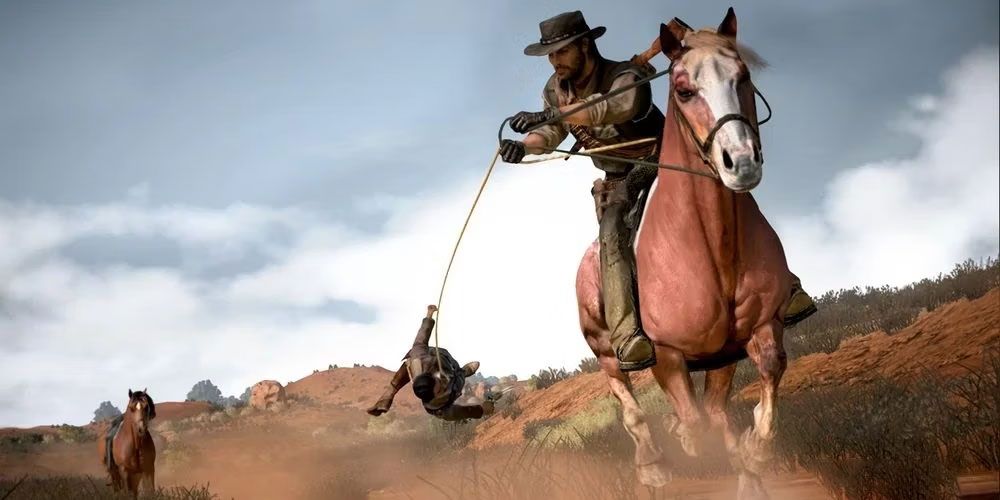 Jim Marston riding on the back of a Painted Quarter Horse in Red Dead Redemption. 