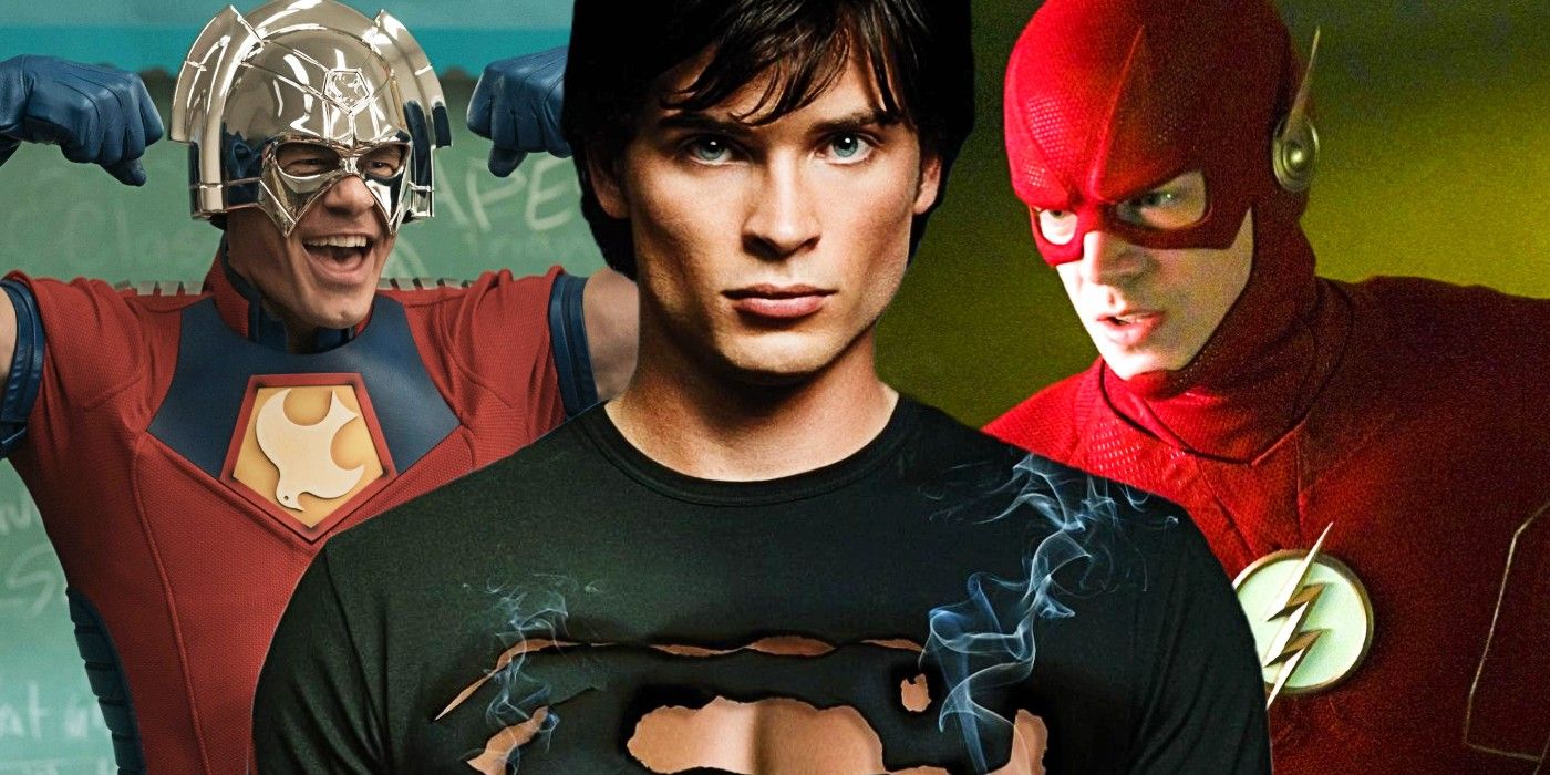 Custom image of Peacemaker showing off his biceps, Smallville&rsquo;s Clark Kent with his shirt burned in the shape of an