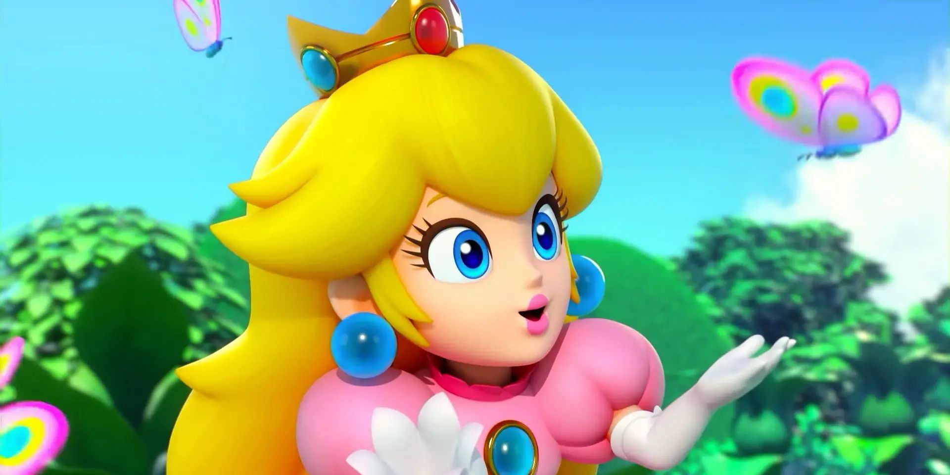 Princess Peach fawns over a butterfly in a screenshot from Super Mario RPG.