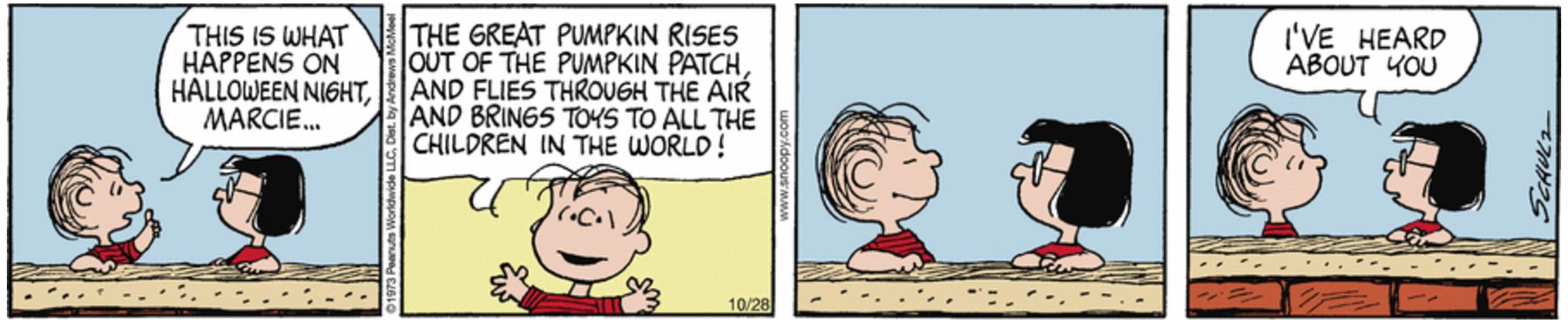 Peanuts from October 29 1973. Linus and Marcie stand behind a wall and talk.