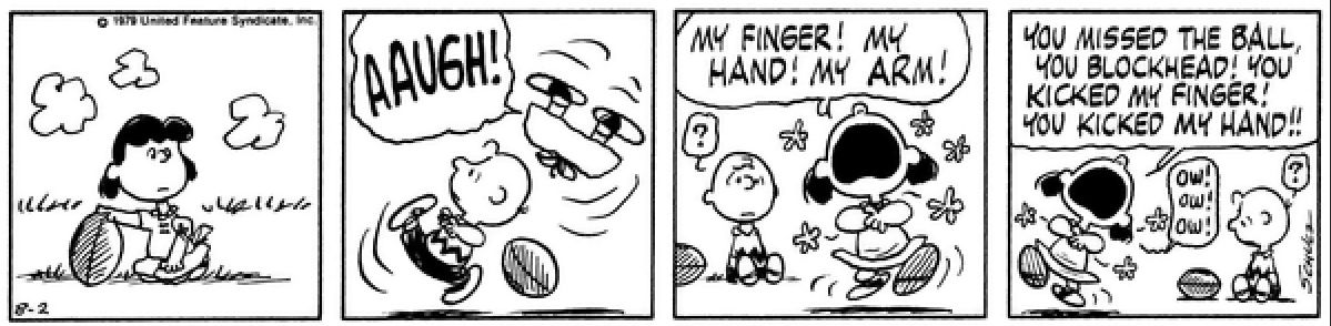 Peanuts Charlie Brown kicks Lucy instead of the football