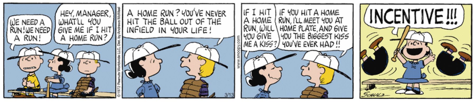 Peanuts from March 15 1972 Charlie Brown, Lucy, and Schroeder playing baseball