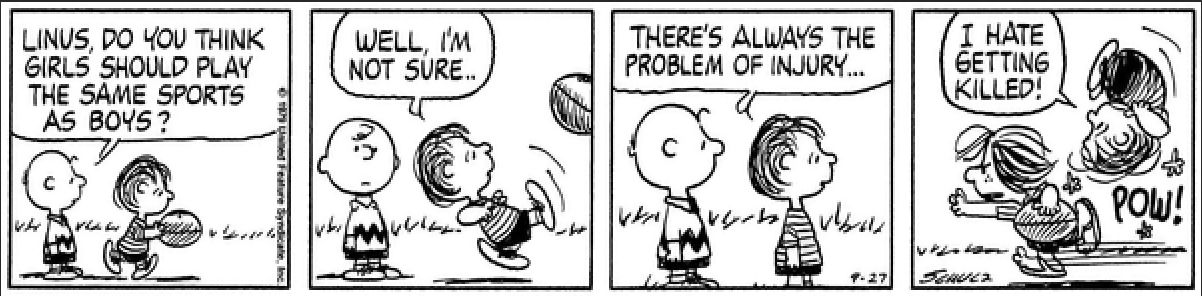 Peanuts strip from September 27 1979, Peppermint Patty is a force to be reckoned with while playing sports
