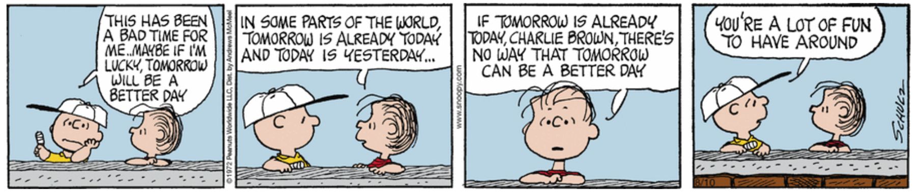 Peanuts, Charlie Brown and Linus August 12 1972, Linus talks Charlie Brown out of being optimistic