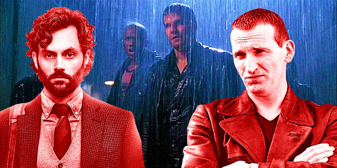 Joe Goldberg from You and the Ninth Doctor from Doctor Who in front of the Cast of Angel