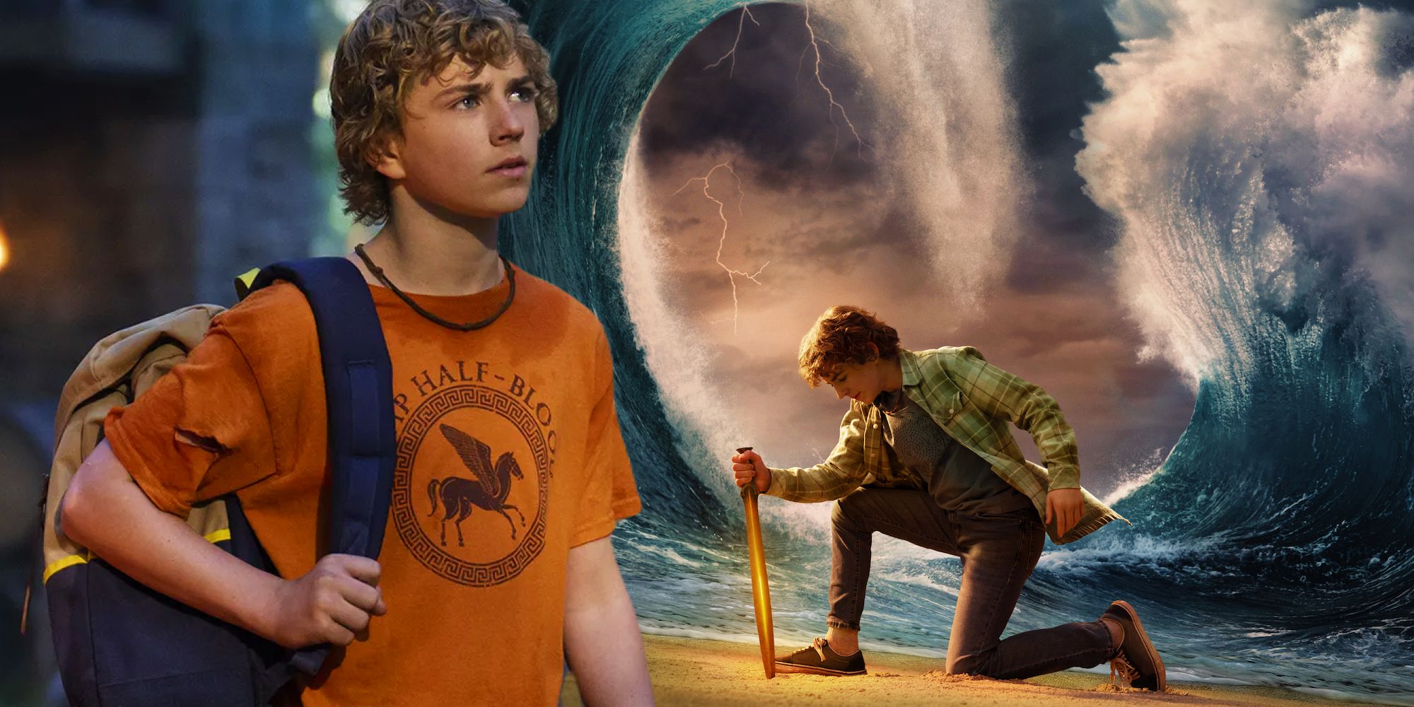 Walker Scobell as Percy Jackson next to the poster for Percy Jackson and the Olympians