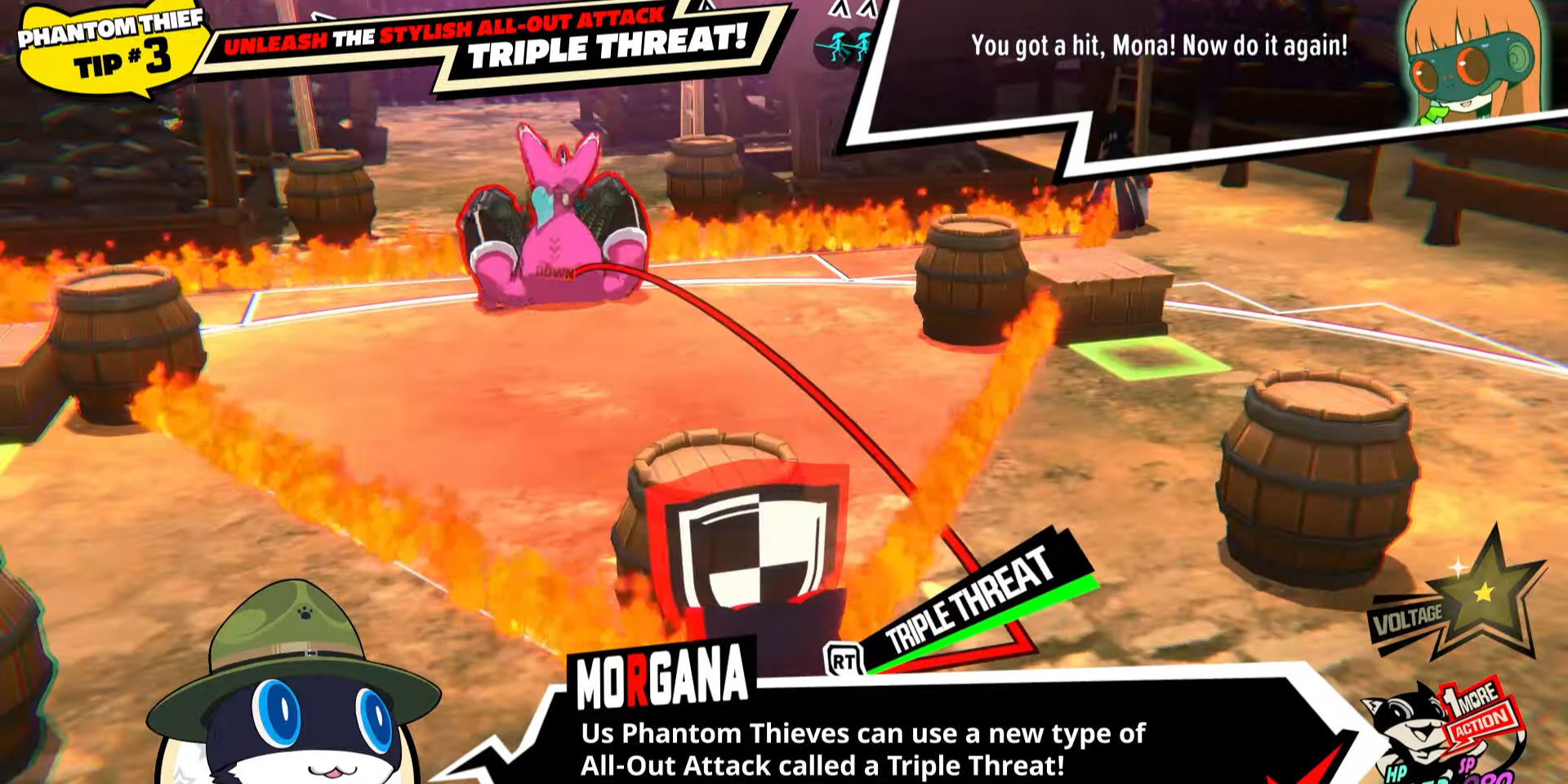 Morgana teaching the player how to make a Triple Threat Attack in Persona 5 Tactica