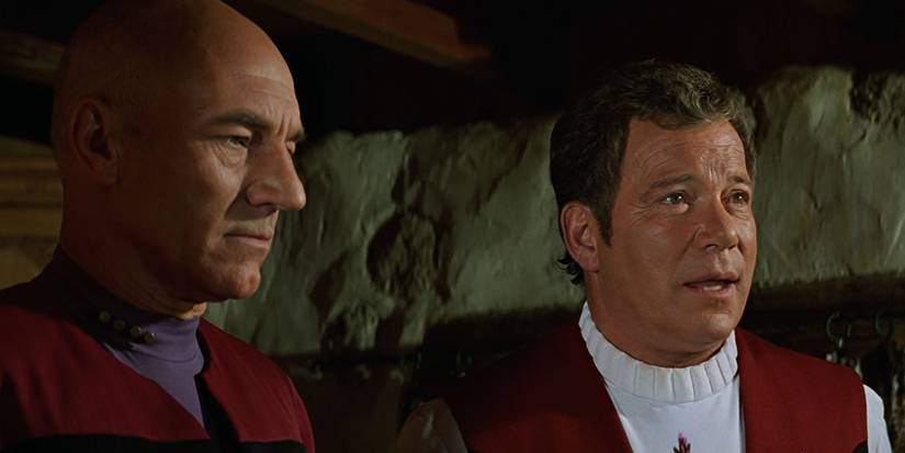 Patrick Stewart as Captain Picard and William Shatner as Captain Kirk in Star Trek Generations