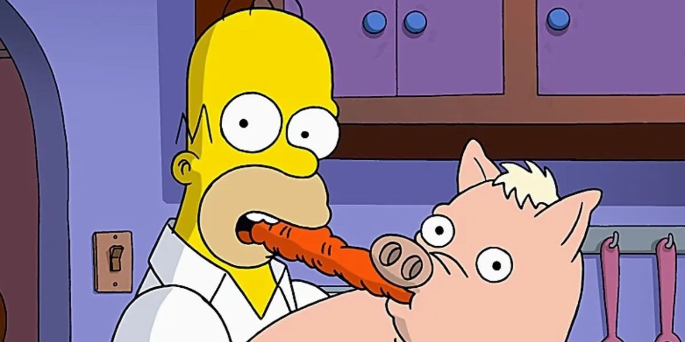 Homer e seu porco dividem uma cenoura no filme Os Simpsons