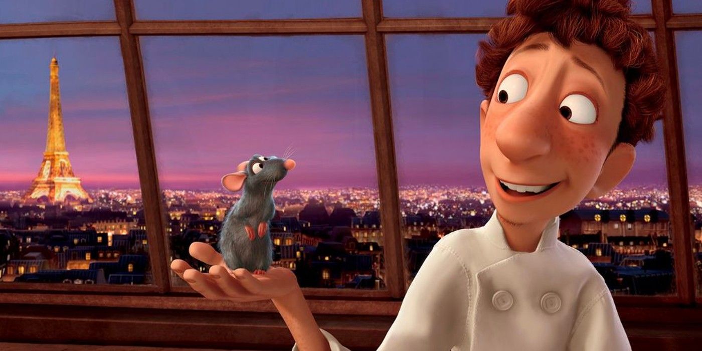 Remy standing in Linguini's hand in front of the Eiffel Tower in Pixar's Ratatouille.