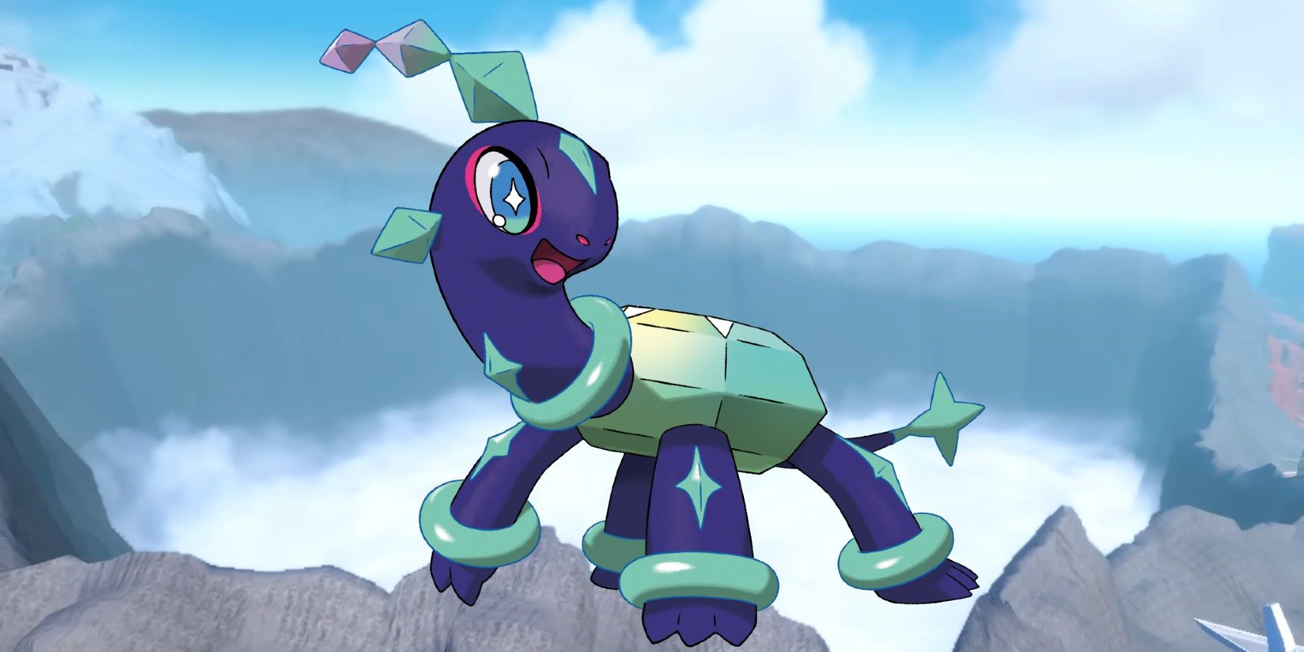 Normal Form Terapagos in front of an aerial view of Area Zero's Great Crater in Pokémon Scarlet and Violet.