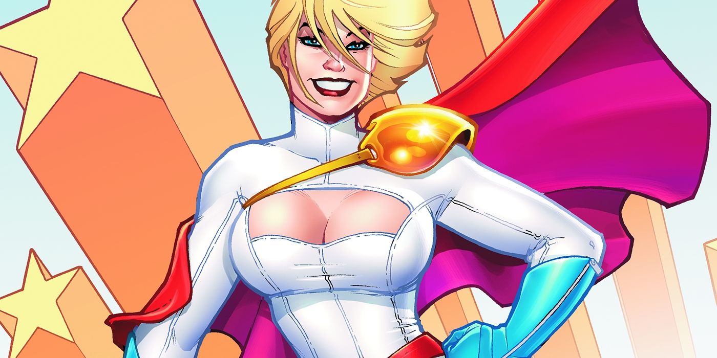 Comic book art: Power Girl smiles while posing with her classic cape.