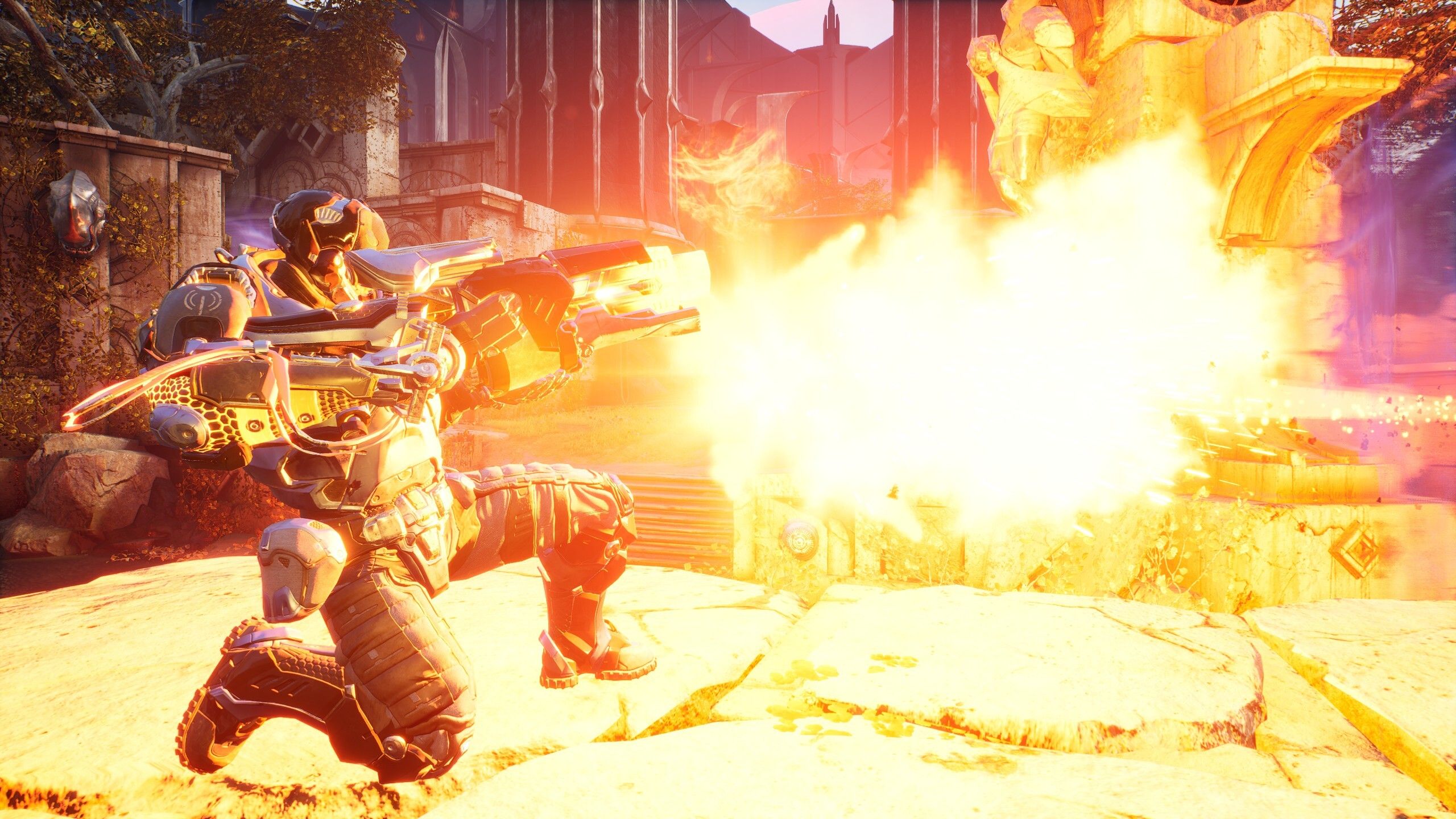 Predecessor character shooting fire out of a weapon.